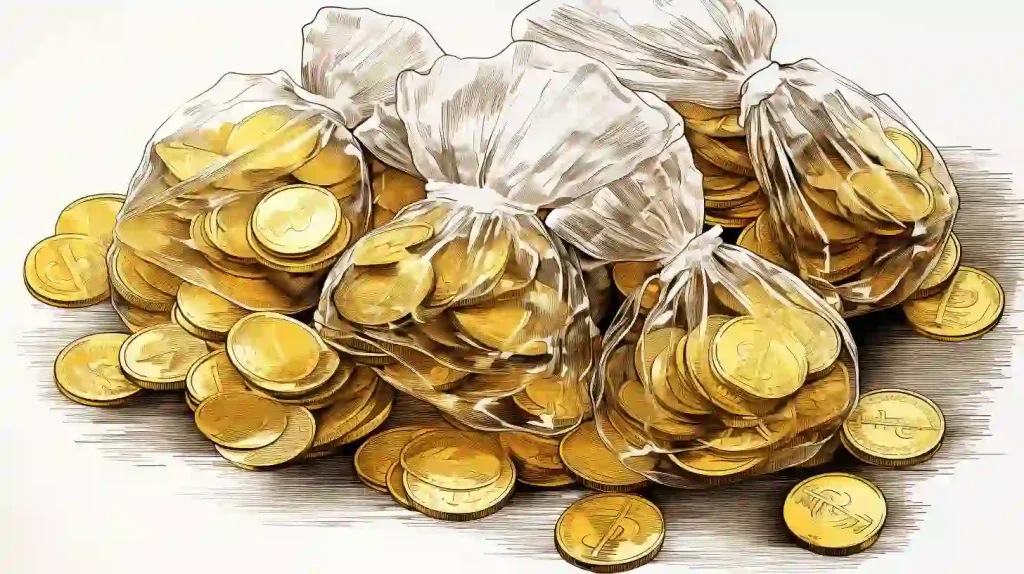 Münzen vakuumieren: Illustration von Goldmünzen in Plastikbeuteln
