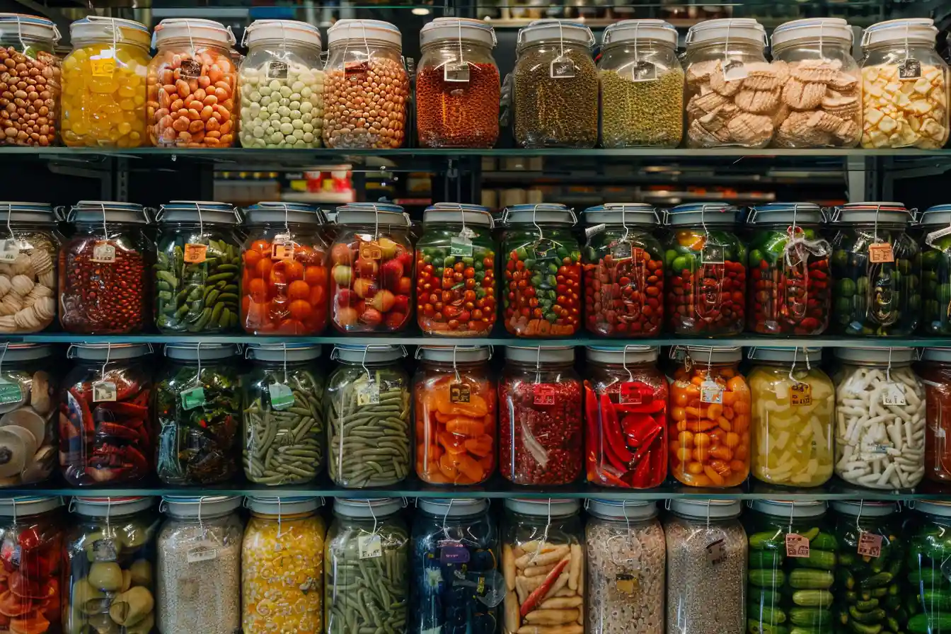 Verschiedene Lebensmittel in Einweckgläsern haltbar gemacht