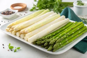 Weisser und grüner Spargel bereit zum Vakuumieren und einfrieren
