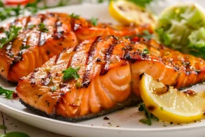 Lachsfilet vakuumiert und Sous Vide gegart mit Zitrone auf Teller angerichtet